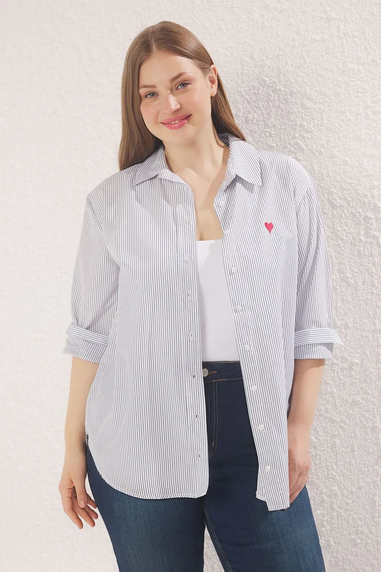 White Striped Heart Embroidered Woven Plus Size Shirt - 1