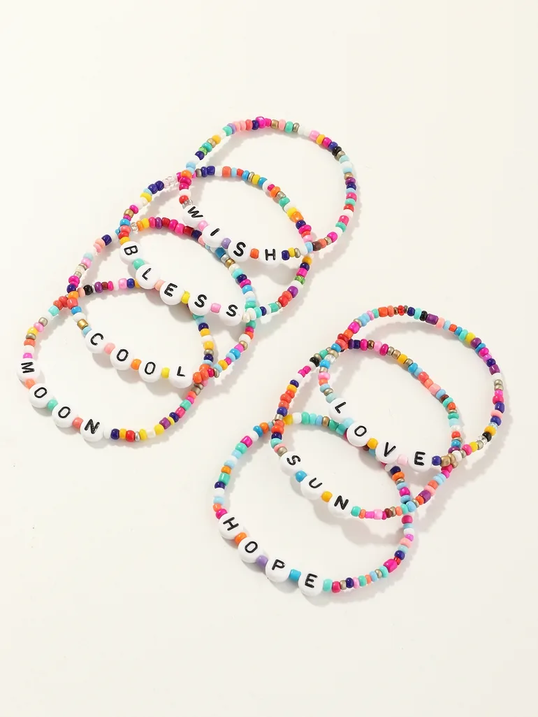 Pack of 7 - Multi-Color Beaded Word Bracelets
