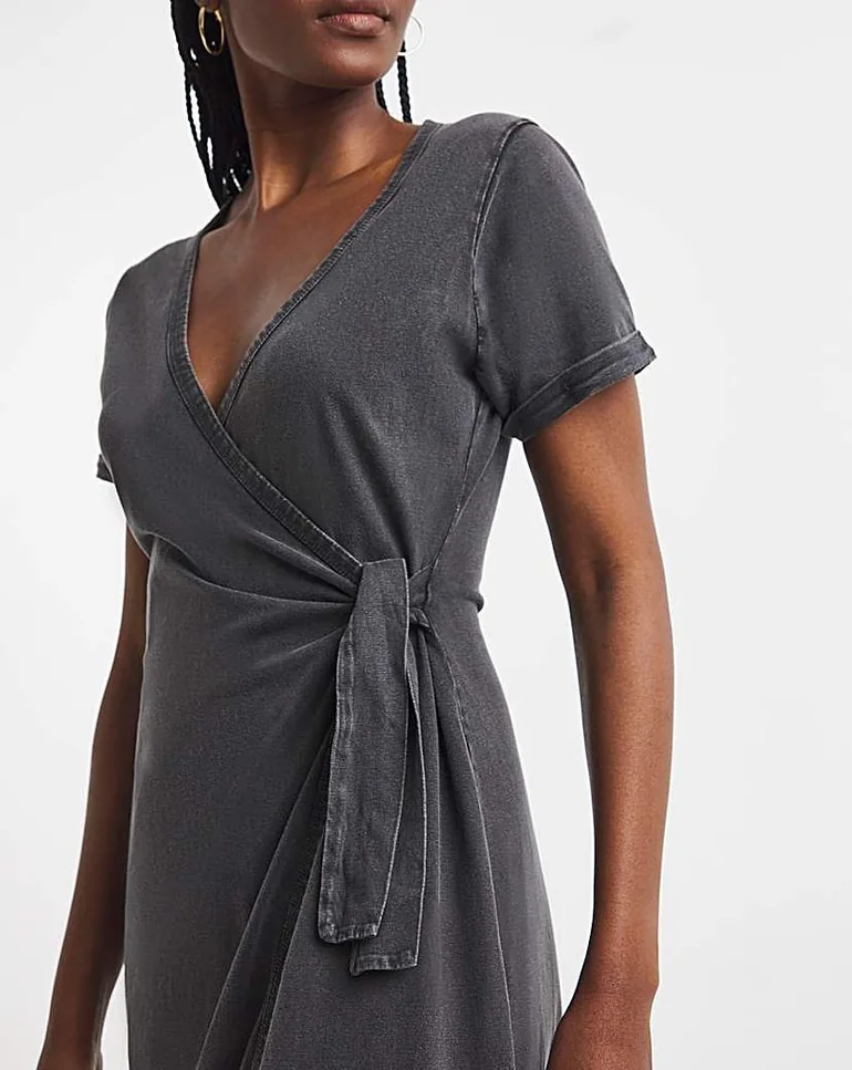 Acid Wash Cotton Jersey Wrap Midi Dress - 1