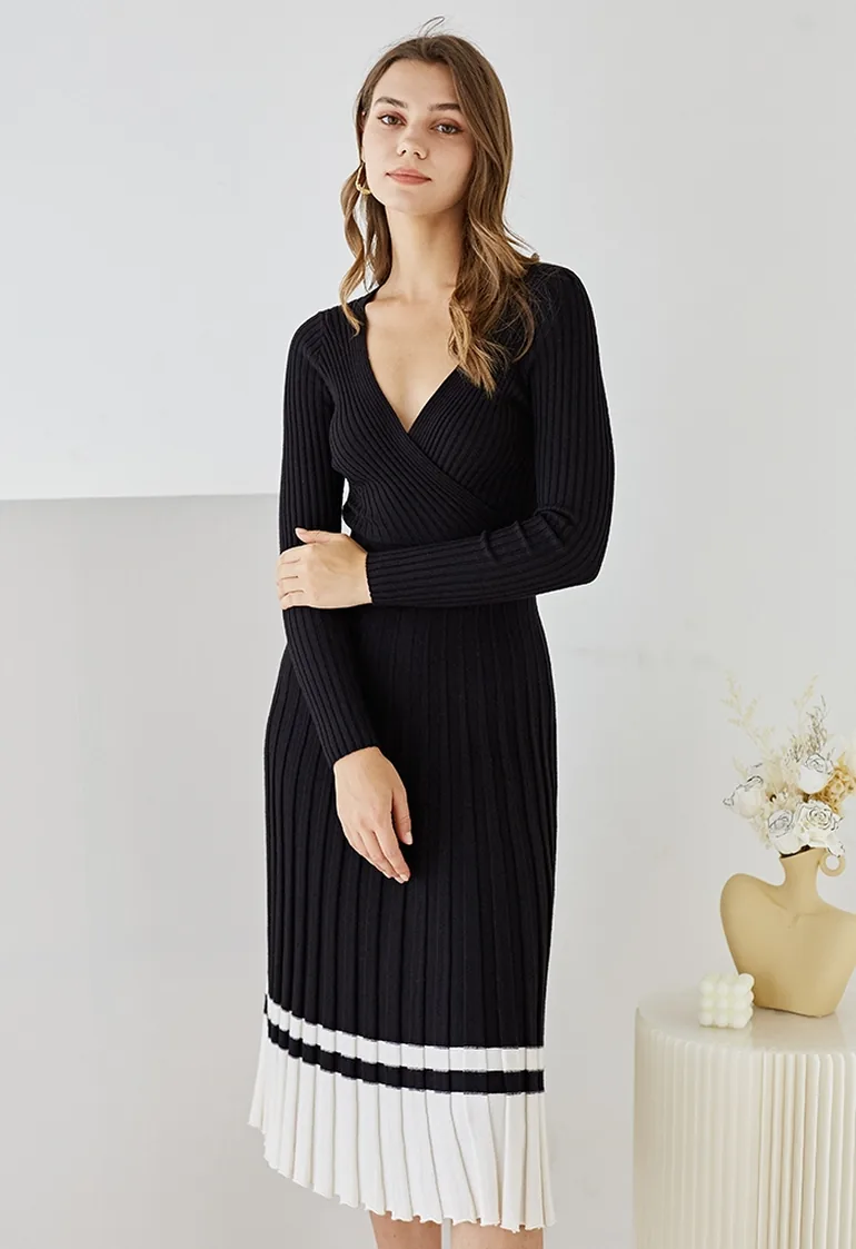 Soft Knit Contrast Hem Wrap Midi Dress in Black - 1