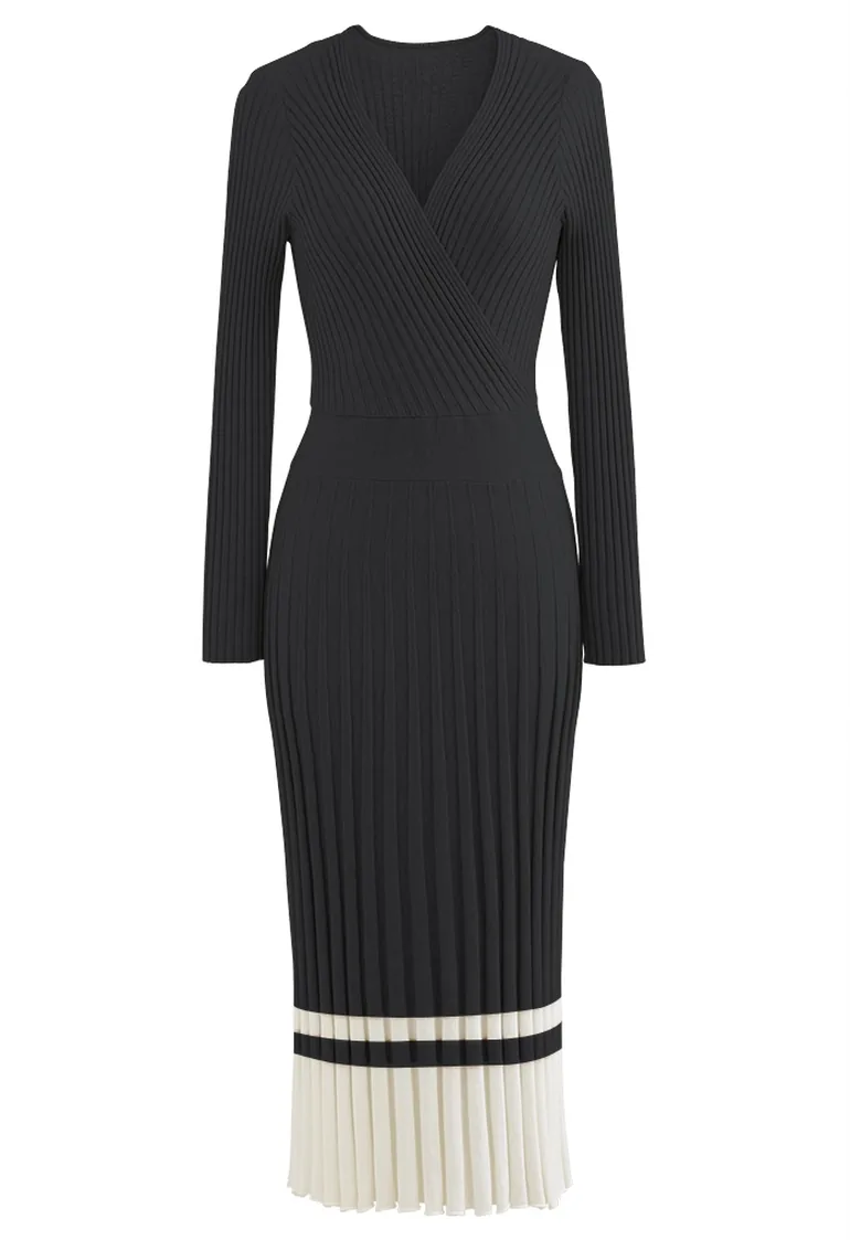 Soft Knit Contrast Hem Wrap Midi Dress in Black - 6