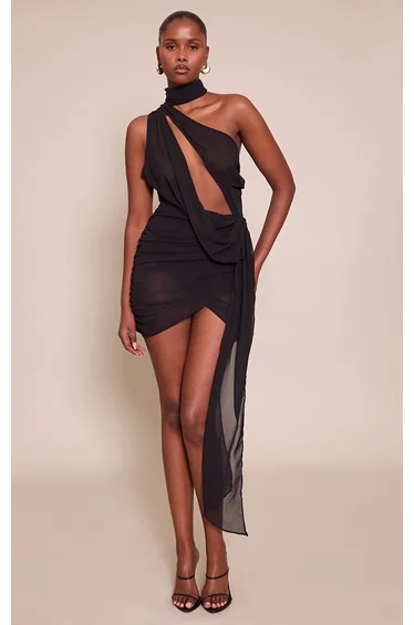 Black Sheer Chiffon Ruched Detail Asymmetric Drape Bodycon Dress