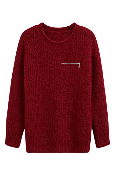 Zipper Decorated Fuzzy Knit Sweater in Red product thumbnail 4