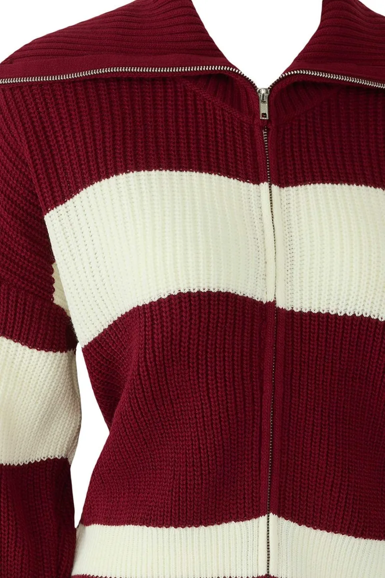Claret Red*001 Wide Pattern Striped Turn-down Collar Zippered Knitwear Cardigan - 5