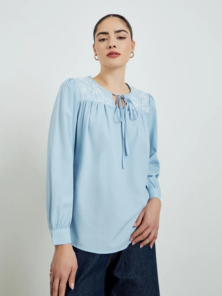 Blue Embroidered Long Sleeve Blouse - 3