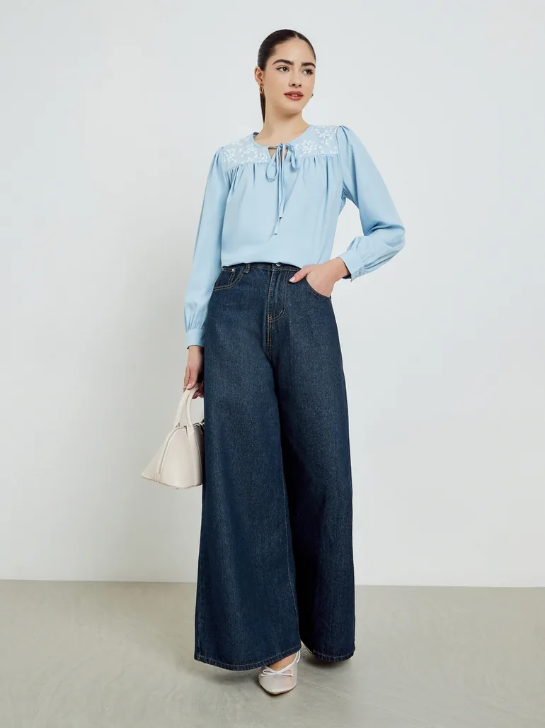 Blue Embroidered Long Sleeve Blouse