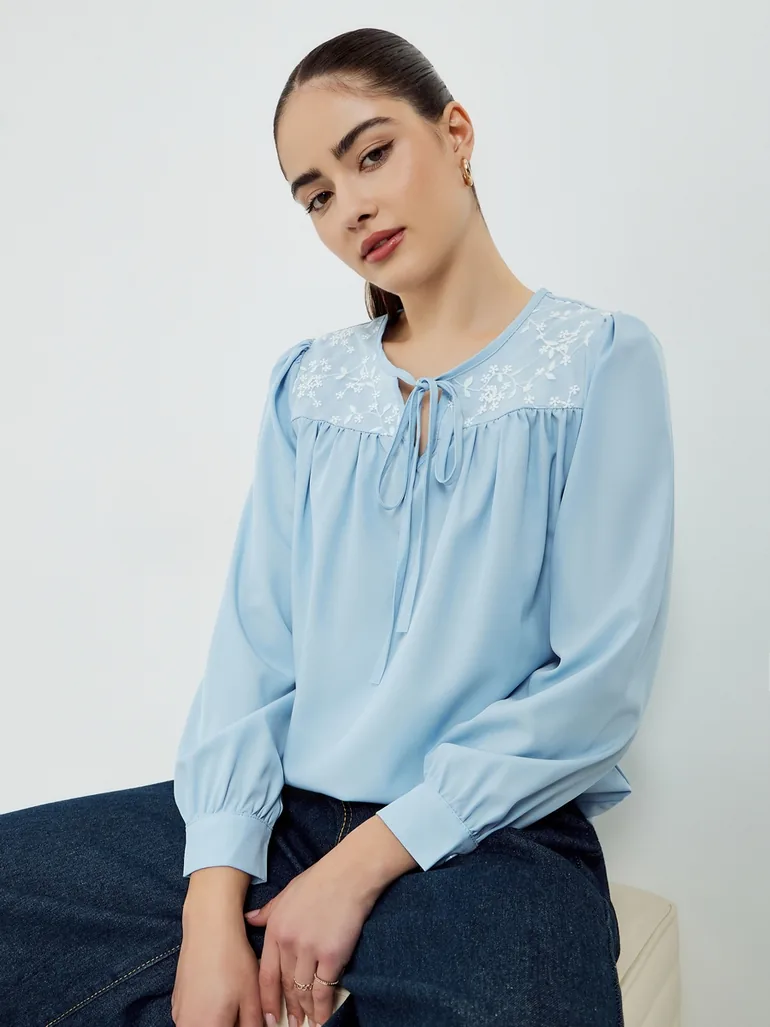 Blue Embroidered Long Sleeve Blouse - 1