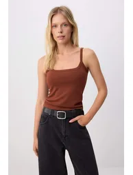 Grimelanj-Brown Fitted/Body-Fitting Pool Collar Ribbed Stretchy Knitted Undershirt - 4
