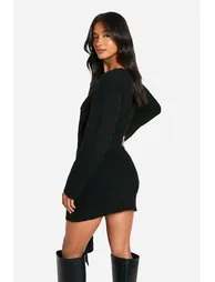 Petite Soft Cable Oversized Tie Detail Knitted Mini Dress - 2
