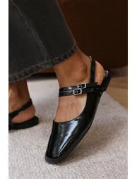 Pelyx Black Dual Strap Square Toe Mary Jane Flats - 1