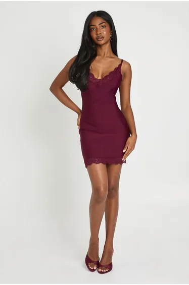 Premium Bandage Lace Trim Mini Dress - fig