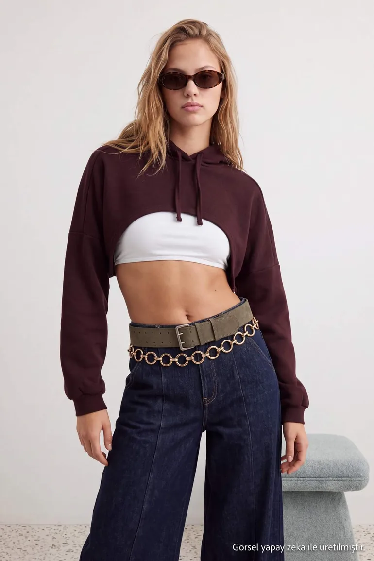 Brown Thick Hooded Lace-Up Bolero Knitted Sweatshirt - 9