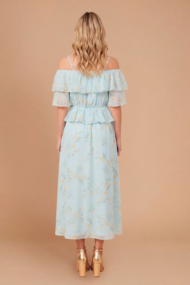 DP Luxe Blue Floral Ruffle Frill Cold Shoulder Midi Dress - 2
