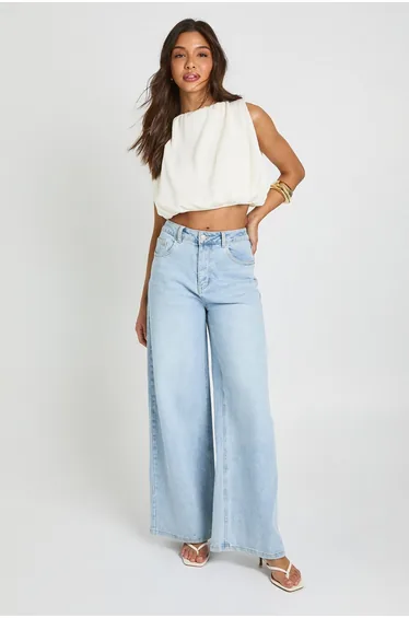 Plisse Bubble Hem Crop Top - ivory
