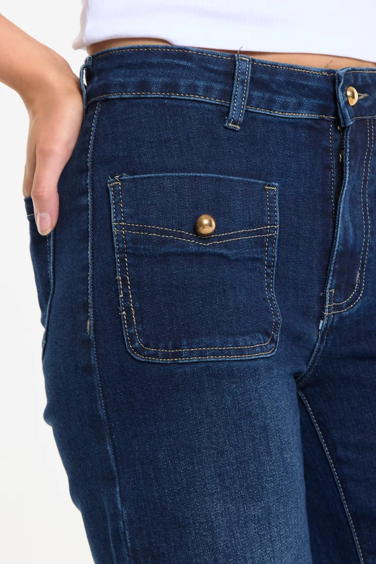 Dark Wash Patch Pocket Flare Jeans - 5