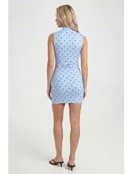 Polka Dot High Neck Button Detail Mini Dress - powder blue - 2