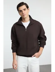Brown oversize/wide cut stand-up collar zippered labeled fleece-lined sweatshirt - 2