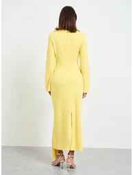 Yellow Solid Midi Dress with Long Sleeves and Ruffle Detail - 4