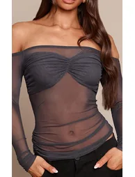 Charcoal Sheer Mesh Bust Panel Bardot Long Sleeve Top - 3