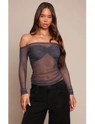 Charcoal Sheer Mesh Bust Panel Bardot Long Sleeve Top
