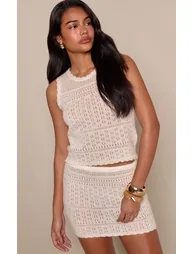 Cream Brushed Pointelle Knit Mini Skirt - 3