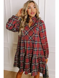 Lvness Red Plaid Print Frilly Collar Long Sleeve Shift Mini Dress - 5