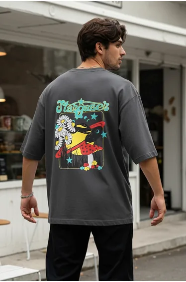 Plus Size Anthracite Oversize/Wide Cut Faded Effect Printed 100% Cotton T-shirt