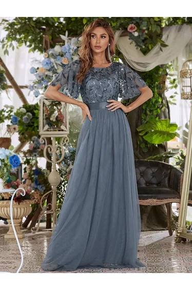 Sequin Print Floor-length Evening Dresses with Cap Sleeves