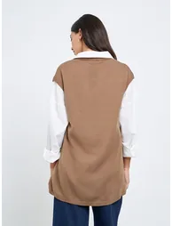 Khaki Sleeveless Knit Top with Button - 3