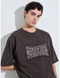 Brown Acid Wash Graphic Print Oversized T-Shirt - 1