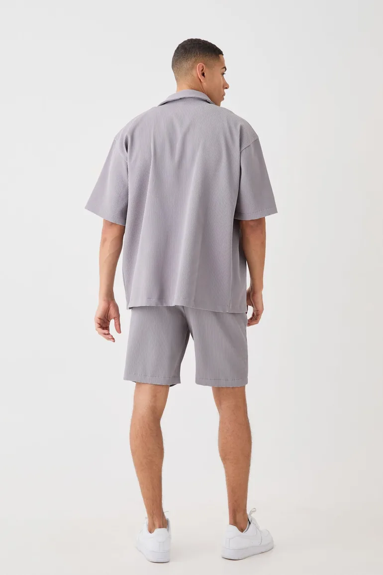 Oversized Short Sleeve Pleated Shirt And Short - grey - 1