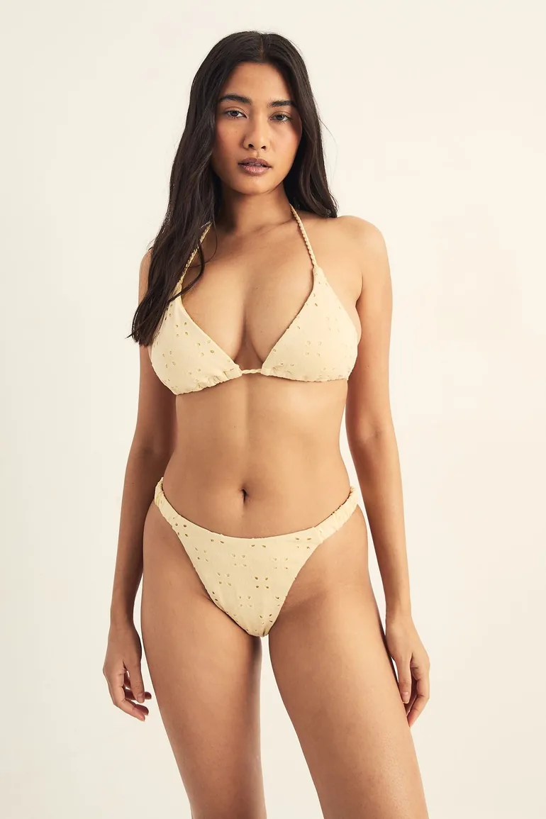 Broderie Rope Trim Ruched High Leg Bikini Set - 1