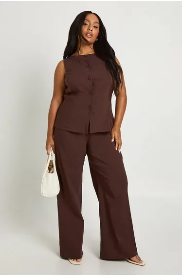 Plus Super Stretch Fitted Long Line Waistcoat & Wide Leg Trousers - chocolate