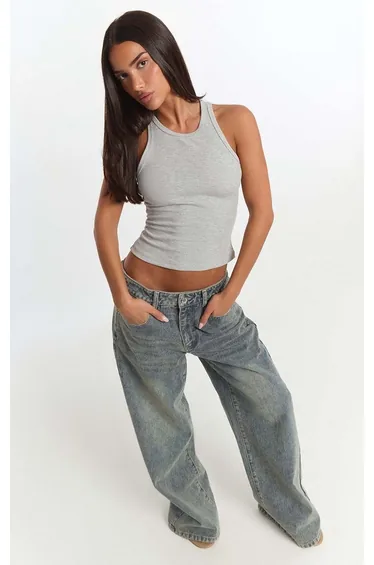 Green Tint Vintage Wash Low Rise Wide Leg Jeans