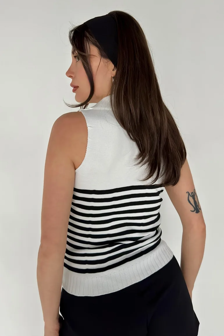 Women's Polo Neck Sleeveless White Striped Knitwear - 2