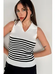 Women's Polo Neck Sleeveless White Striped Knitwear - 1