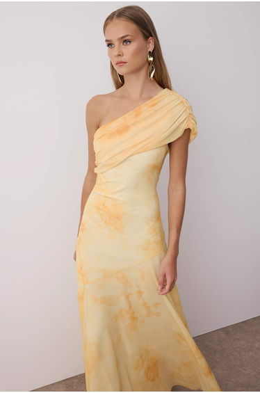 Yellow Patterned Asymmetrical Collar Woven Maxi Evening Night Graduation Dress product thumbnail 2