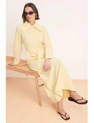 Light Yellow Belted Unlined Plain Woven Terrycotton Hijab Dress - 1