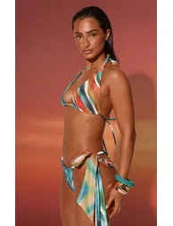 Turquoise Blurred Print High Apex Triangle Bikini Top - 1