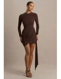 Calista | Brown Crew-Neck Mini Dress With Sash - 3
