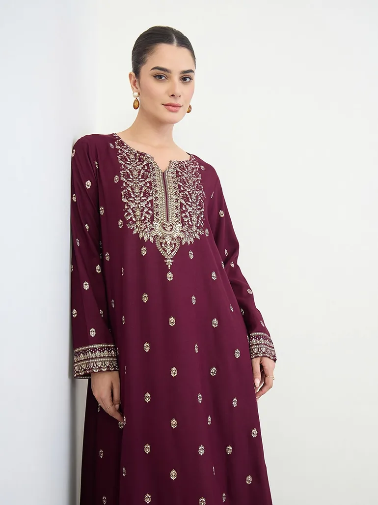 Burgundy Border Print Long Sleeve Jalabiya - 2