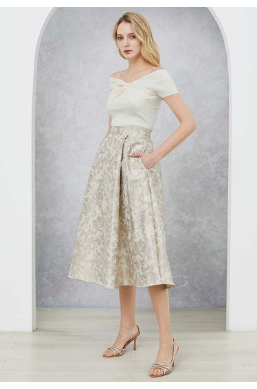 Butterfly Garden Metallic Jacquard A-Line Midi Skirt in Ivory