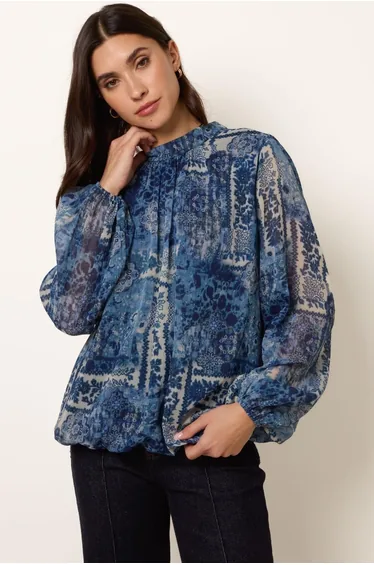 High Neck Paisley Print Puffball Top
