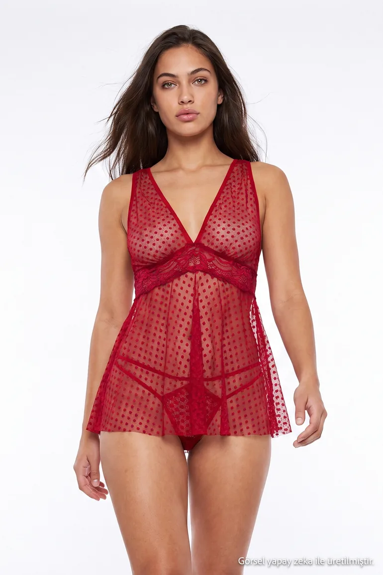 Burgundy Polka Dot Tulle Lace and Cross Tie Detail Babydoll/Fantasy Nightgown