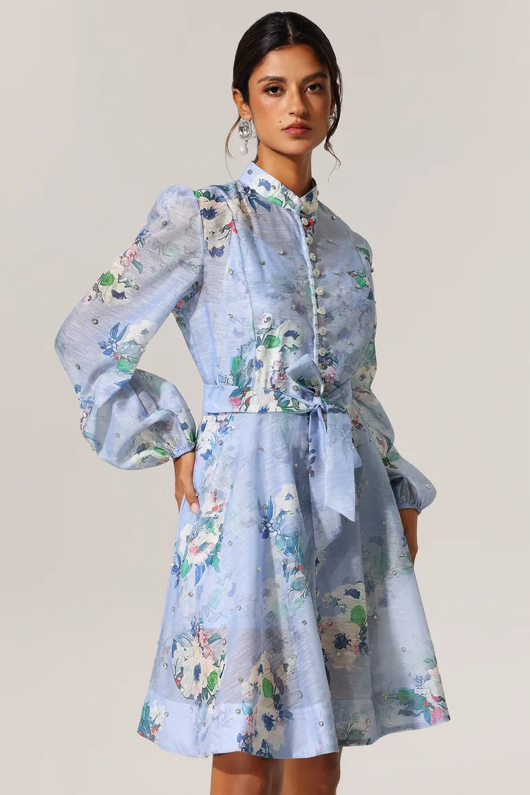 Riza Diamond Floral Printed Long Sleeves Mini Dress - 3