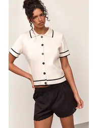 Cream Compact Knit Contrast Piping Boxy Knitted Polo