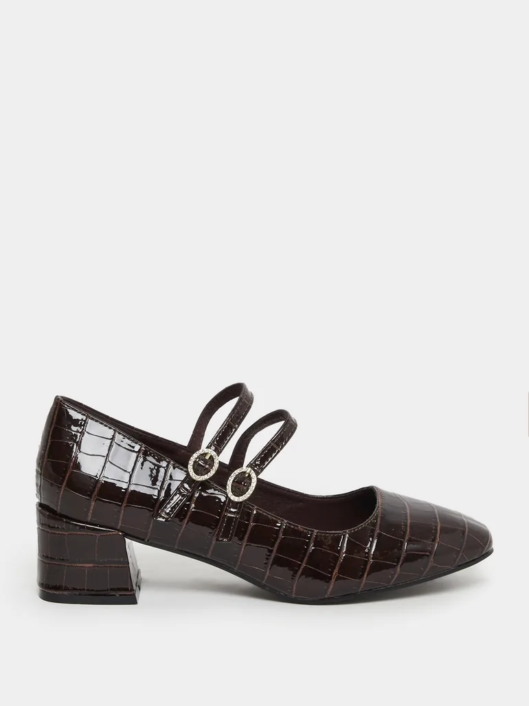 Coffee Brown Croc-Effect Mary Jane Shoes - 1
