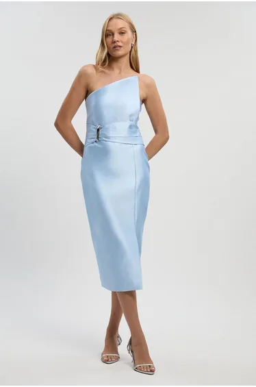 Satin Twill Trim Detail Structured Asymmetric Neck Tailored Midi Dress