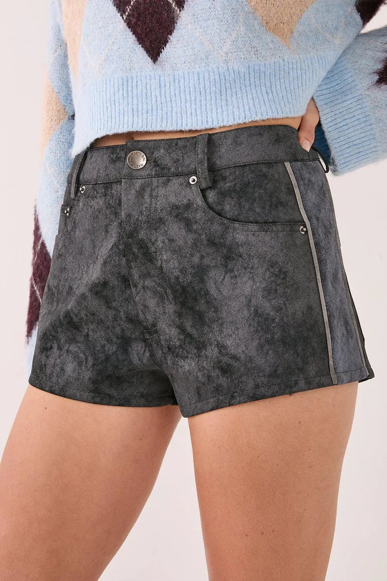 Distressed Faux Leather Panelled Hotpant - 1
