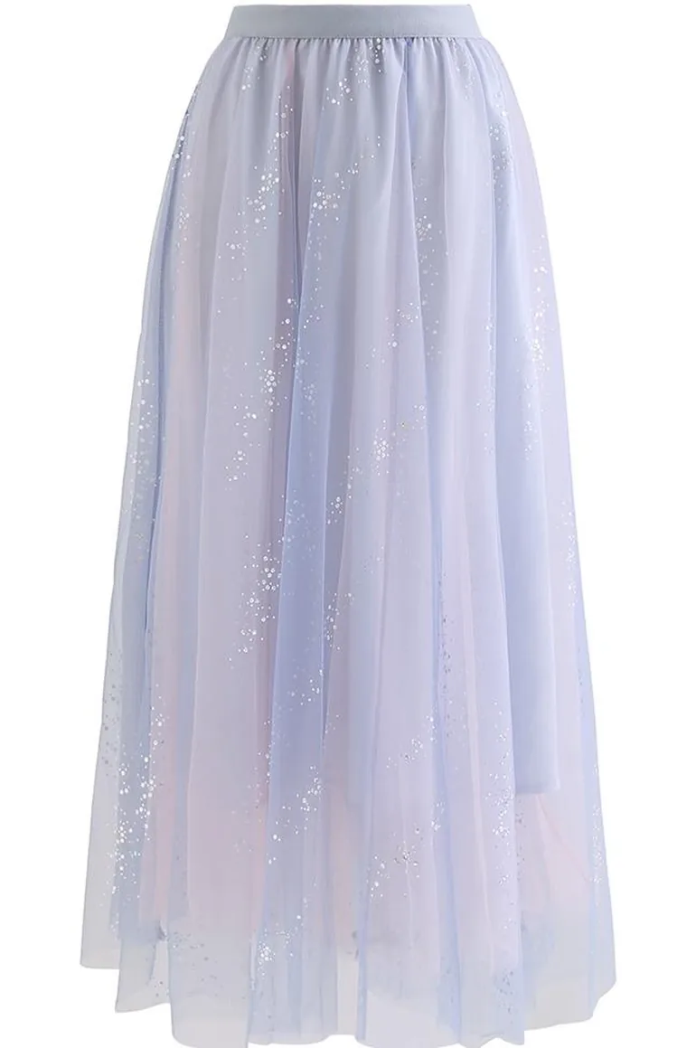 Shimmery Sequin Mix-Color Mesh Maxi Skirt in Blue - 6